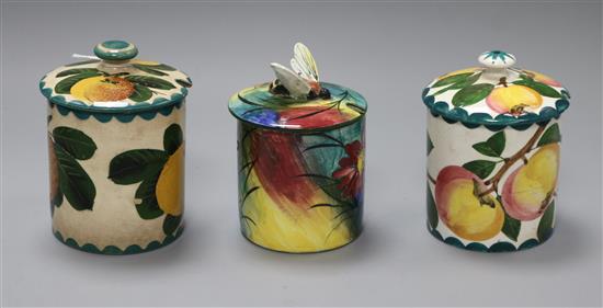 Three Wemyss preserve pots and covers, Apple, Seville Orange and Floral pattern tallest 12cm